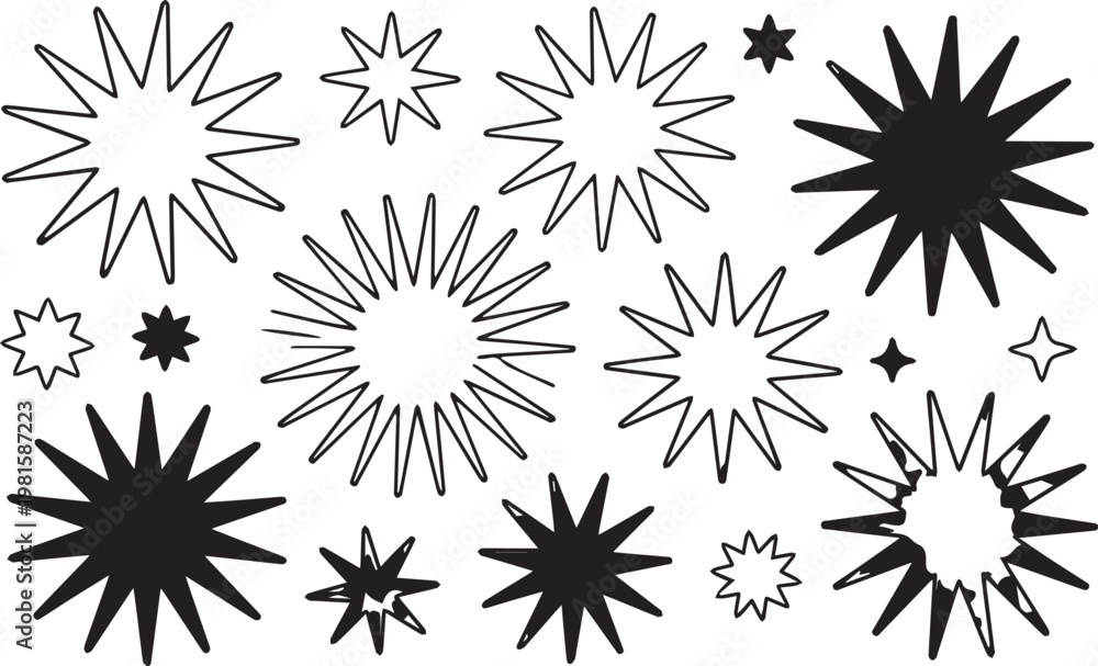 Obraz premium Starburst and star shapes abstract outlines and solid black filled illustrations icons.