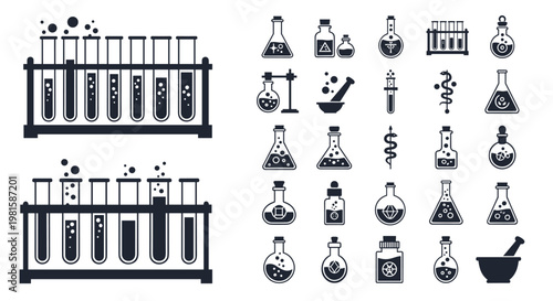 Set of chemical laboratory glassware and alchemy-related icons including test tubes beakers flasks mortars and various scientific symbols.