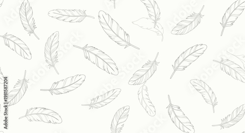 Seamless pattern of lightly sketched bird feathers drifting in various directions on an off-white background in a delicate artistic style.