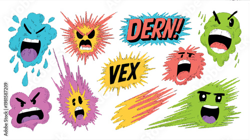 Angry cartoon clouds and starbursts yelling, flat design vector illustration