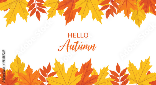 Autumn-themed horizontal banner with a white center for text surrounded by a border of colorful maple and rowan leaves in seasonal shades.