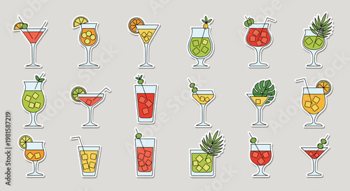 Grid of colorful cocktail sticker-style icons featuring various drinks in different glassware with garnishes like fruit herbs and umbrellas.