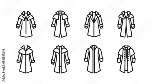 Various trench coats and overcoats lined up in a modern outline style for fashion concepts