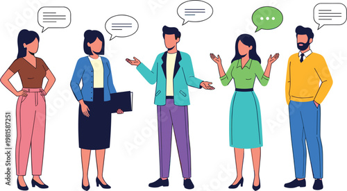 Flat vector illustration of diverse professional people standing and talking with speech bubbles representing business communication teamwork and social networking group discussion.