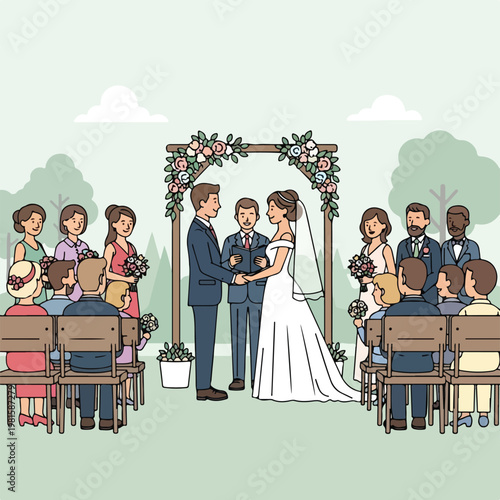 An outdoor wedding ceremony illustration with a bride, groom, and several guests
