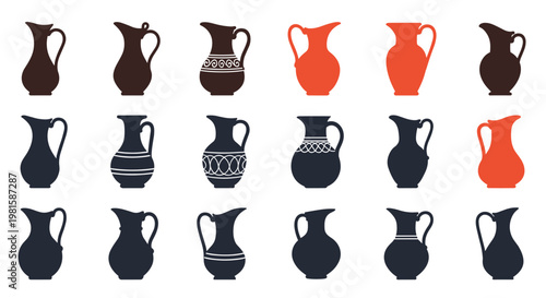Array of ancient pottery jug silhouettes in various shapes and patterns including some highlighted in orange for historical and archaeological themes.