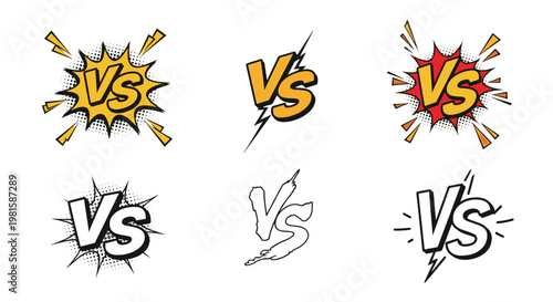 Set of versus competition battle icons in comic book style featuring bold typography and explosive backgrounds for sports and gaming events.