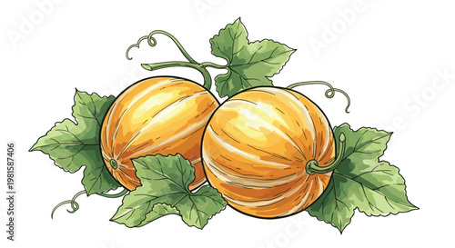Realistic illustration of two ripe yellow melons with their large green leaves and curling vines for fresh farm produce and summer themes.