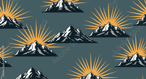 Seamless pattern featuring dark mountain peaks with sun rays and golden sunbursts against a muted blue background for outdoor themes.