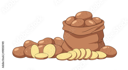Brown sack filled with potatoes next to a pile of whole and sliced raw tubers for cooking and kitchen use on white background.