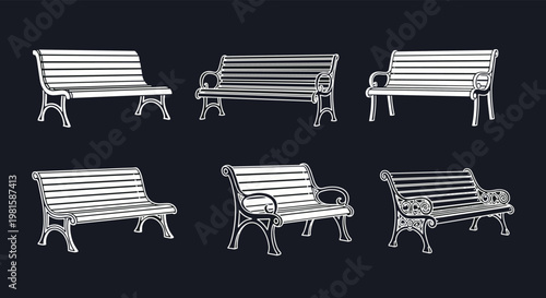 Collection of white hand drawn park bench sketches with different designs and ornamental details against a dark background.