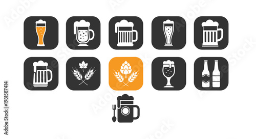 Set of white and orange beer icons featuring different glasses, mugs, bottles, hops, and wheat stalks on dark square backgrounds.