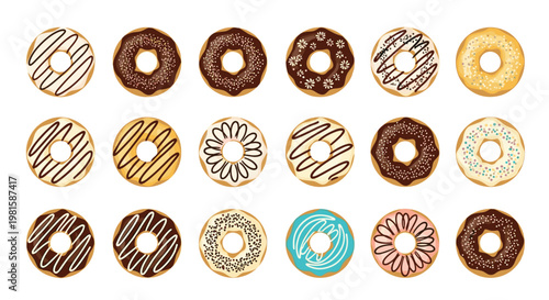 Large collection of colorful glazed donuts with various toppings including sprinkles and chocolate designs on white background.