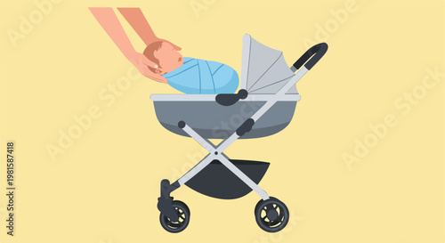 Person placing a swaddled newborn baby into a gray modern stroller on yellow