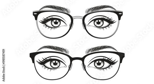 Two pairs of female eyes with long lashes wearing different styles of black frame glasses in a hand drawn sketch illustration.
