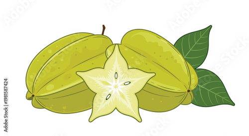 Fresh yellow carambola or star fruit shown with a cross section slice and green leaves against a clean white background.