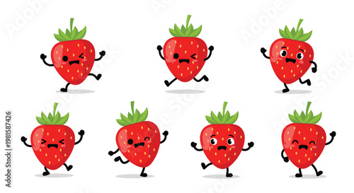 Set of cute strawberry cartoon characters with different facial expressions and poses for fun mascot or sticker designs.