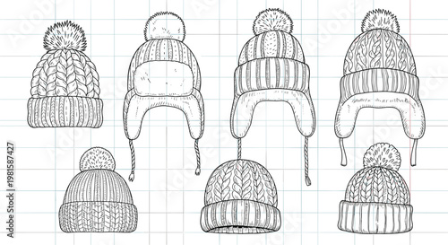 Group of hand drawn sketches featuring various winter hat styles with pom-poms and ear flaps for cold weather apparel design.