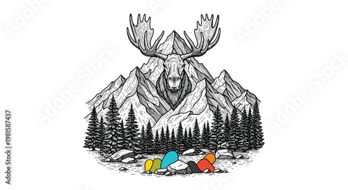 Detailed black and white line art illustration of a moose head against a backdrop of mountain peaks and pine forest trees.