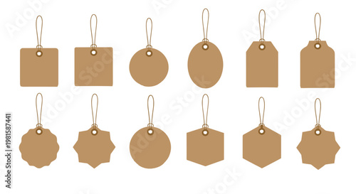 Group of blank cardboard price tags and gift labels in various shapes with strings attached for branding and commercial use.