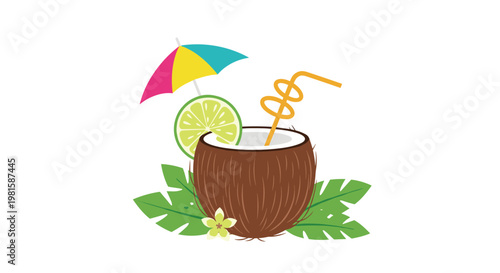 Tropical coconut drink with a straw, lime slice, colorful umbrella, and palm leaves for summer holiday and beach themes.