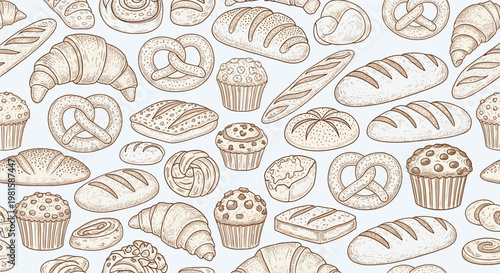 Seamless pattern with hand drawn sketches of various bread rolls, pretzels, muffins, and croissants on light colored background.