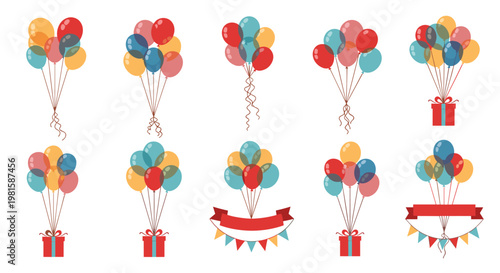 Set of colorful balloon bunches with gift boxes, ribbons, and banners for birthday, party, and celebration decorations.