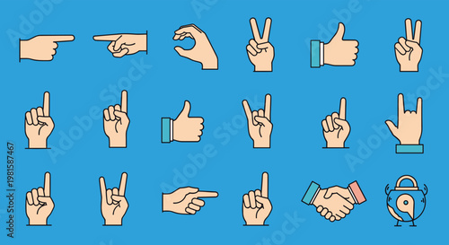 Set of human hand gesture icons showing various signs like thumbs up, peace, pointing, and rock on against a blue background.
