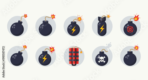 Collection of cartoon bomb icons including round fuses, missiles, and dynamite bundles with sparkling fire wicks.