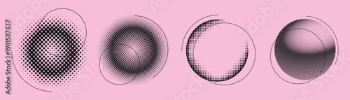 Abstract halftone circles on pink. Halftone patterns create dynamic circles. Circles and halftone blend in abstract design. Pink background highlights circles. Graphic element vector illustration set.