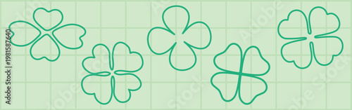 Green clover patterns on a light green grid. Clover designs repeat, showcasing various clover shapes. Clover motifs add a lucky charm theme. Isolated illustration elements, vector set.