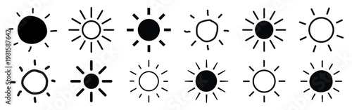 Set of 12 sun icons in black and white. Sun icons with rays, simple sun designs, and varied sun shapes. Perfect for sun-themed projects. Weather icons, isolated vector element set.