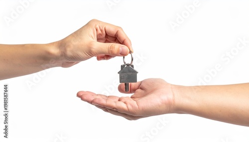 Handing over house keys to another hand on a stark white background in bright light