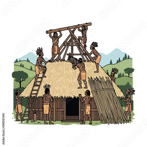 Indigenous tribal people working together to build a traditional thatched hut