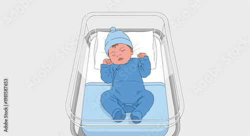 Newborn baby sleeping peacefully in a blue outfit inside of a hospital bassinet