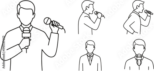 Illustrations of people using different types of microphones for speaking or singing