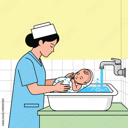 Nurse in blue uniform bathing a newborn infant in a basin under a running tap