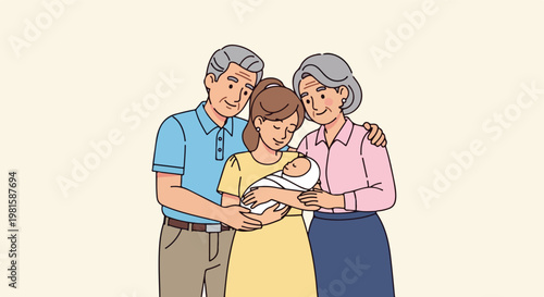 Grandparents and mother look at a newborn baby in flat vector style illustration