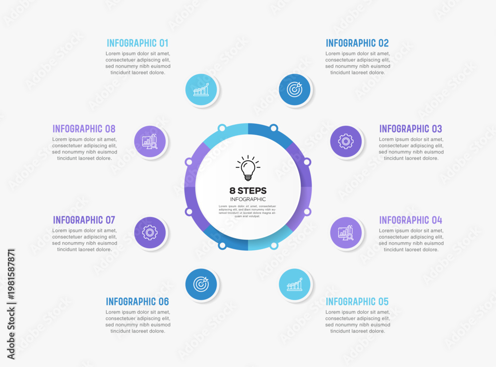 Naklejka premium Vector infographic label design with circle infographics template design and 8 options or steps. Can be used for process diagram, presentations, workflow layout, banner, flow chart, info graph.