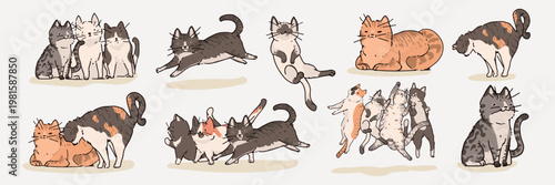 Illustration of playful cats in various poses. Cats playing, cats jumping, and cats cuddling. Adorable cats in different playful activities. Cute illustrations, isolated vector set.