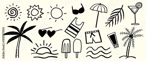 Φωτογραφία Summer icons: sun, palm trees, sunglasses, beachwear, and waves