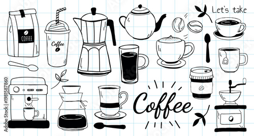 Coffee doodles: cups, beans, and pots. Coffee art with cups, beans, and pots. Enjoy coffee with these fun cups, beans, and pots sketches. Doodle illustrations, vector set.