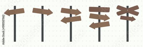 Illustration of five wooden signposts with arrows pointing in various directions. Wooden signposts are aligned in a row. Directional arrows on signposts. Isolated illustration elements, vector set.