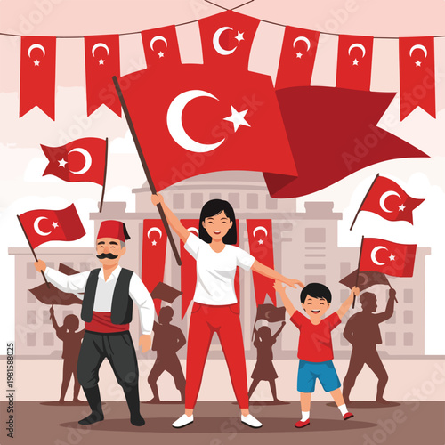 Turkish people waving flags during a Republic Day event with traditional dress