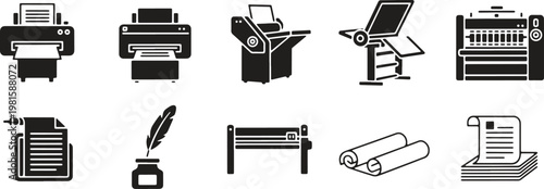 Illustrations of various printing and writing equipment and media
