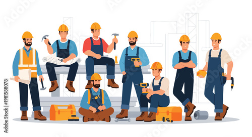 Diverse construction crew in hard hats and overalls holding tools on white back