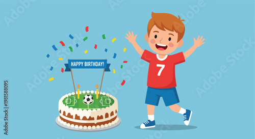Happy boy celebrates a 7th birthday with soccer themed cake and falling confetti