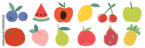 Colorful fruit illustrations featuring watermelon, lemon, apple, cherry, and pineapple. Bright fruit drawings with vibrant colors and playful fruit designs. Cute food vector illustration set.
