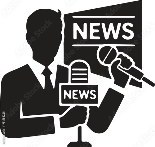 News anchor delivering broadcast with microphone and camera setup