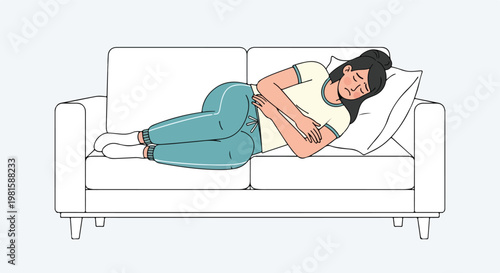 Unwell woman lying on couch clutching stomach, suffering from abdominal pain